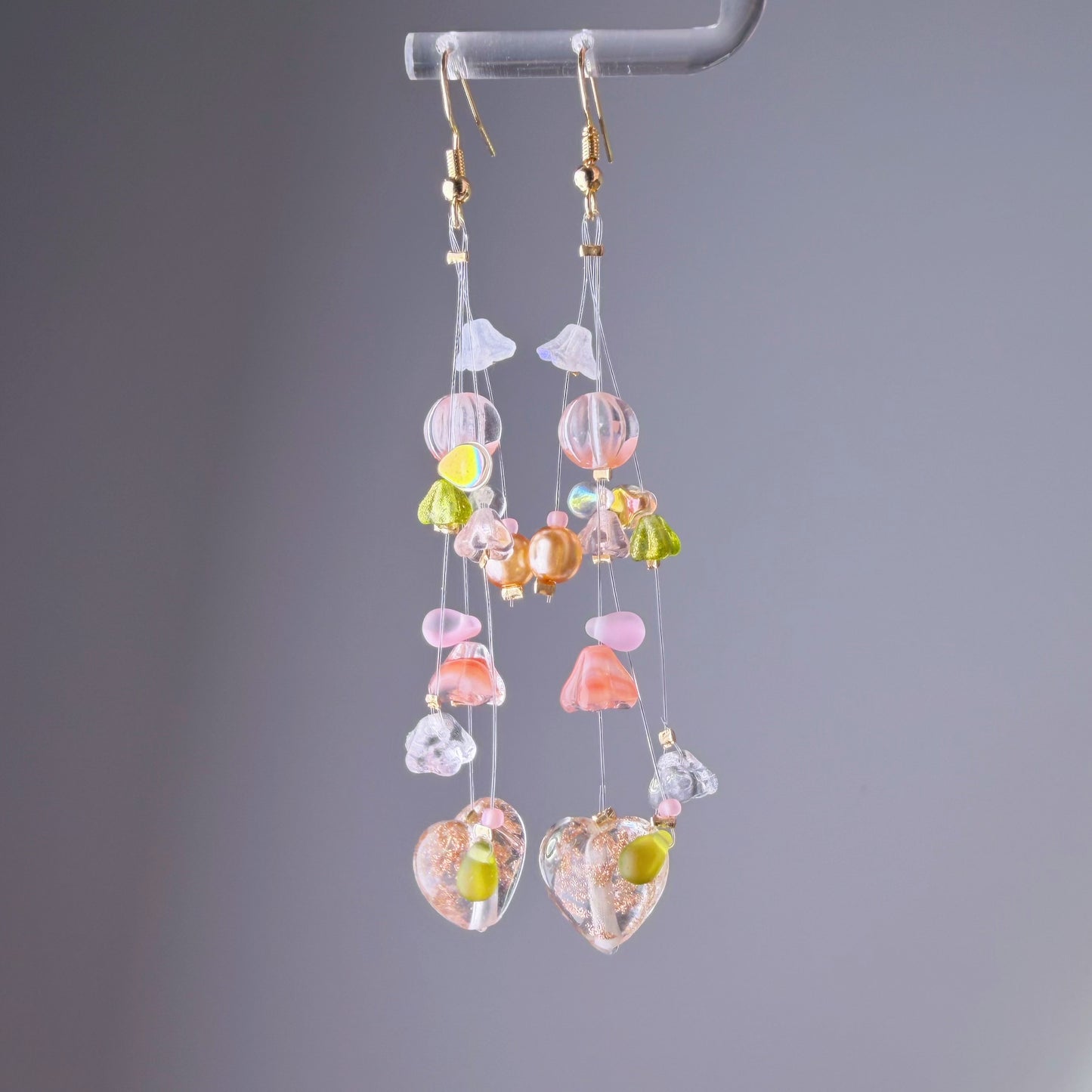 Handmade Orange Hearts and Floating Flowers Lampwork Glass Beaded Earrings