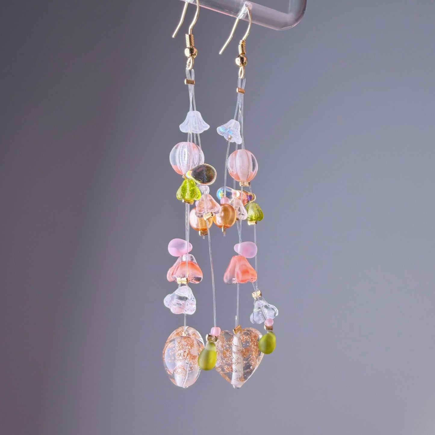 Handmade Orange Hearts and Floating Flowers Lampwork Glass Beaded Earrings