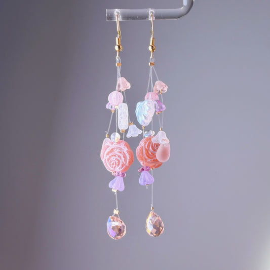 Handmade Pink Rose Floating Flowers Glass Beaded Earrings