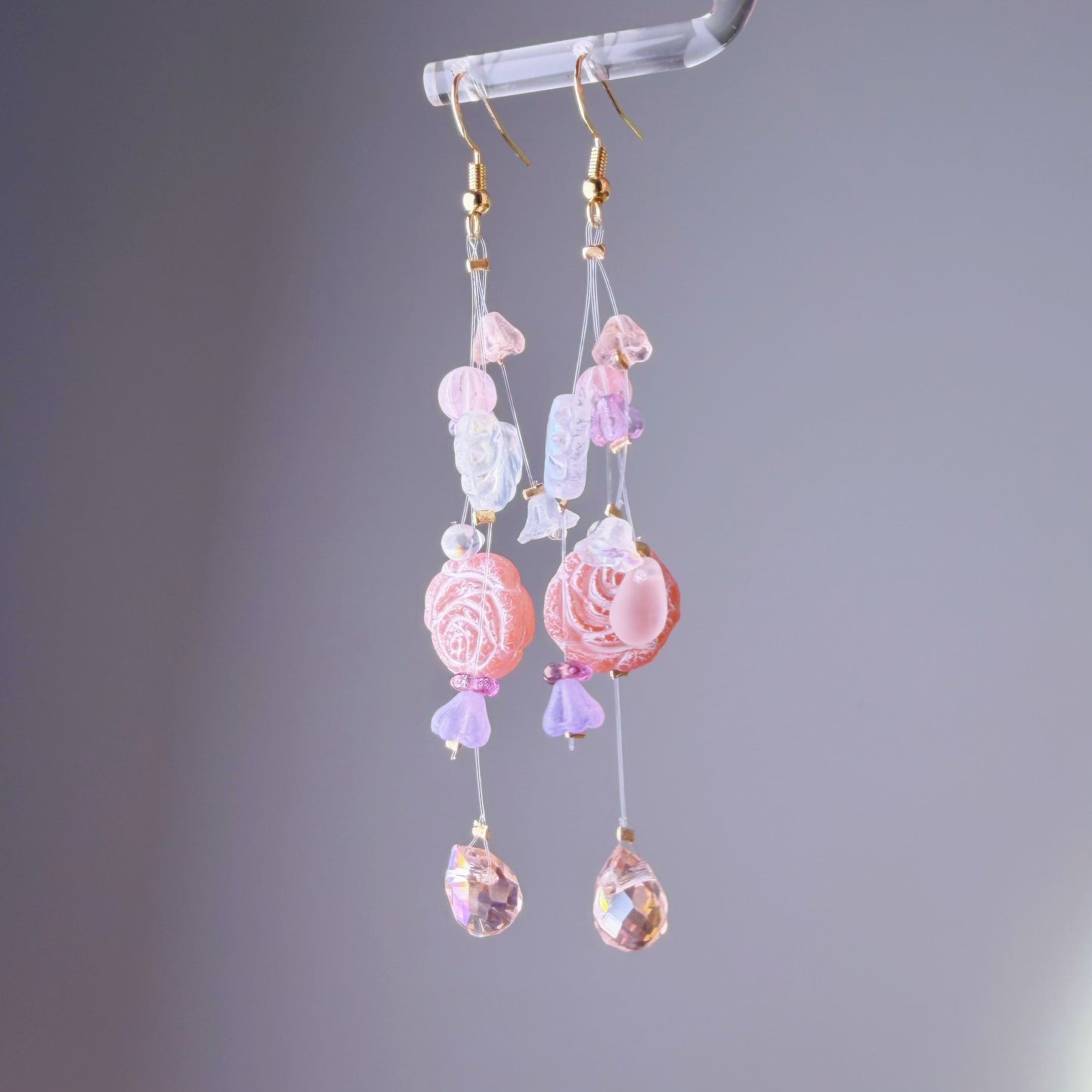 Handmade Pink Rose Floating Flowers Glass Beaded Earrings