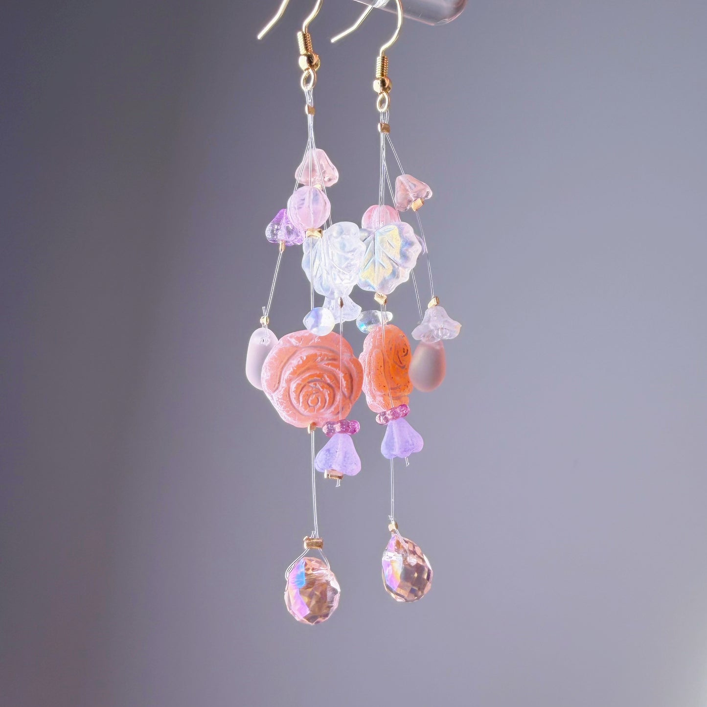 Handmade Pink Rose Floating Flowers Glass Beaded Earrings