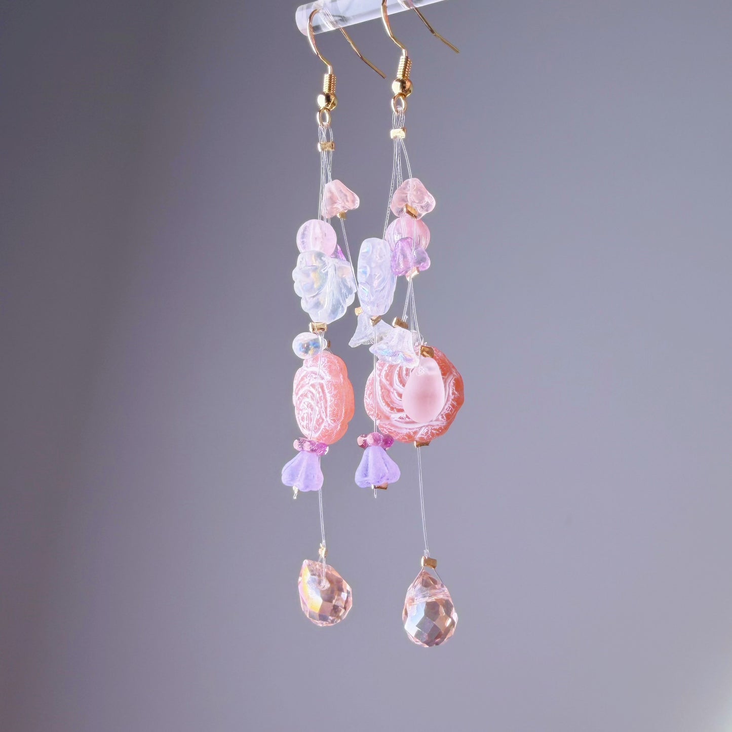Handmade Pink Rose Floating Flowers Glass Beaded Earrings