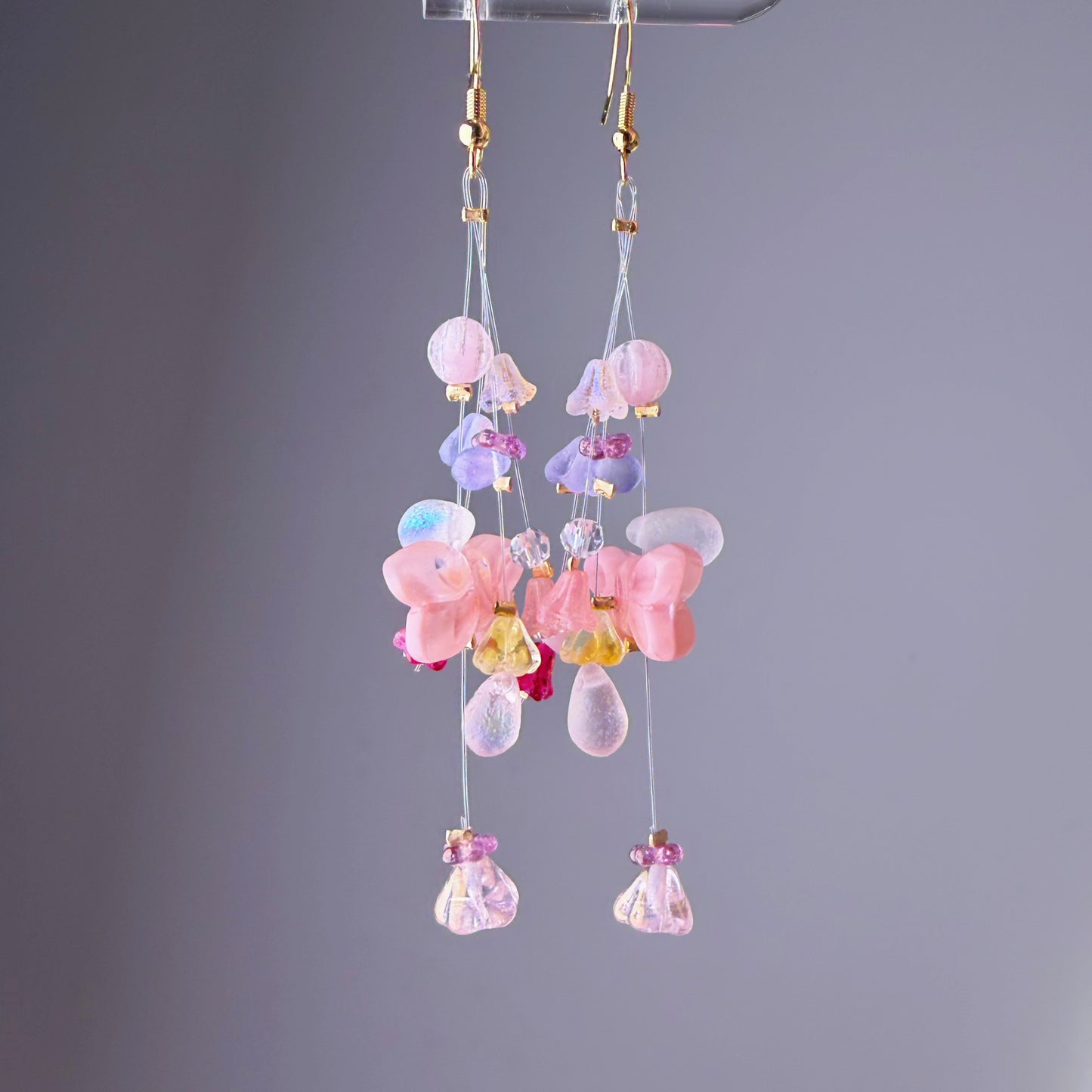 Handmade Pink Butterfly Floating Flowers Glass Beaded Earrings
