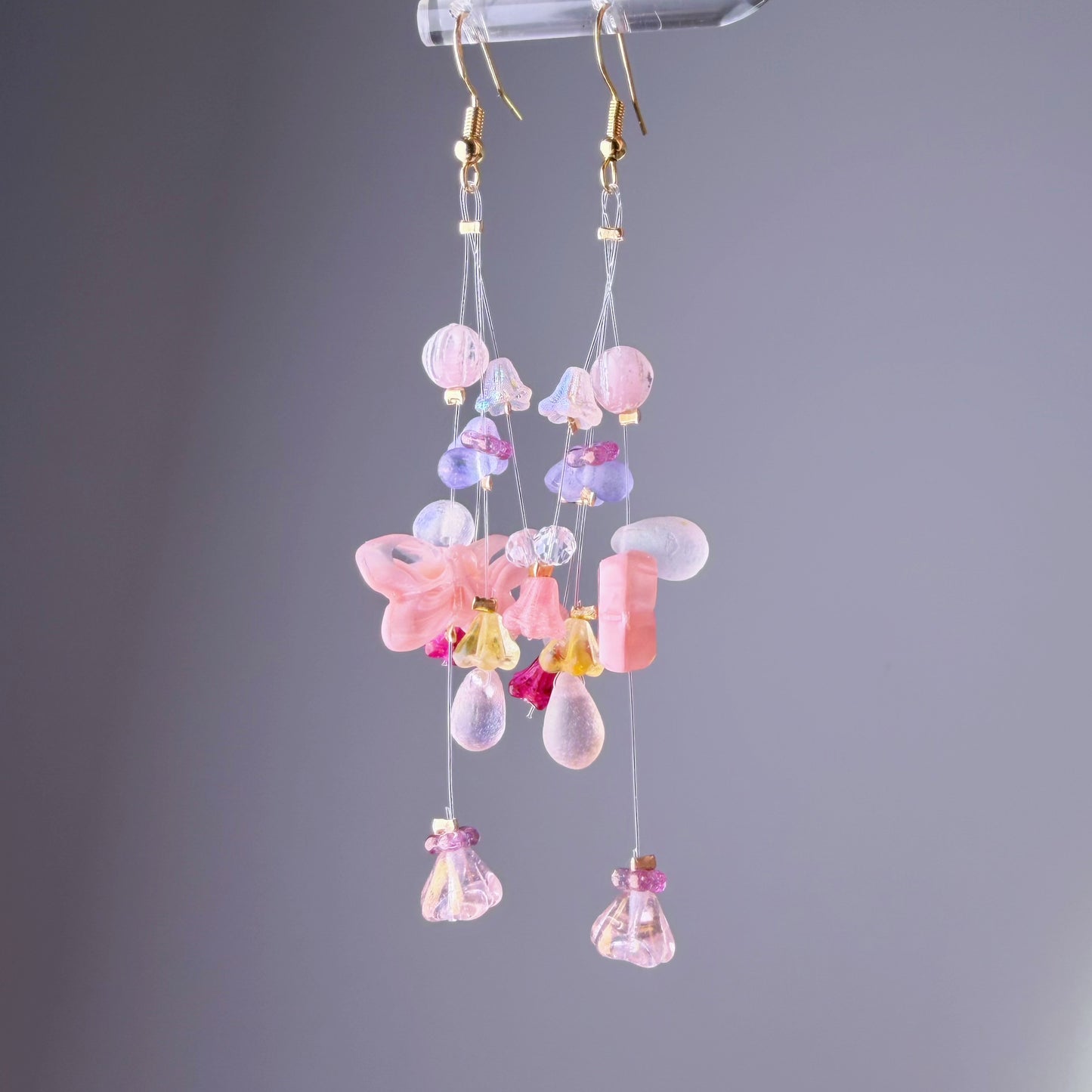 Handmade Pink Butterfly Floating Flowers Glass Beaded Earrings
