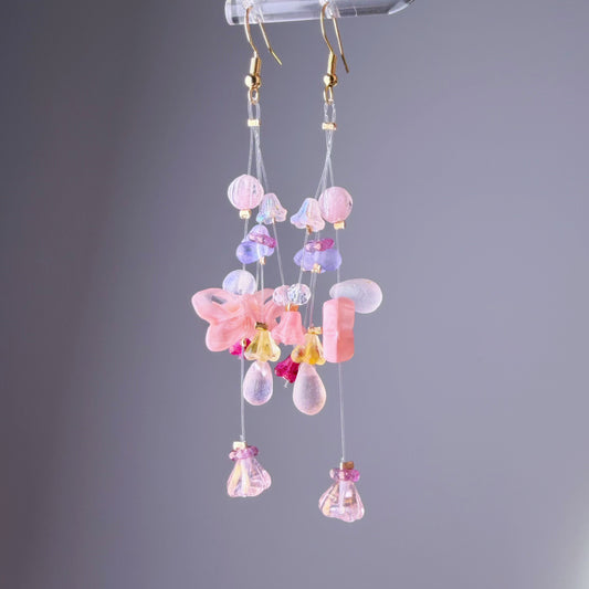 Handmade Pink Butterfly Floating Flowers Glass Beaded Earrings