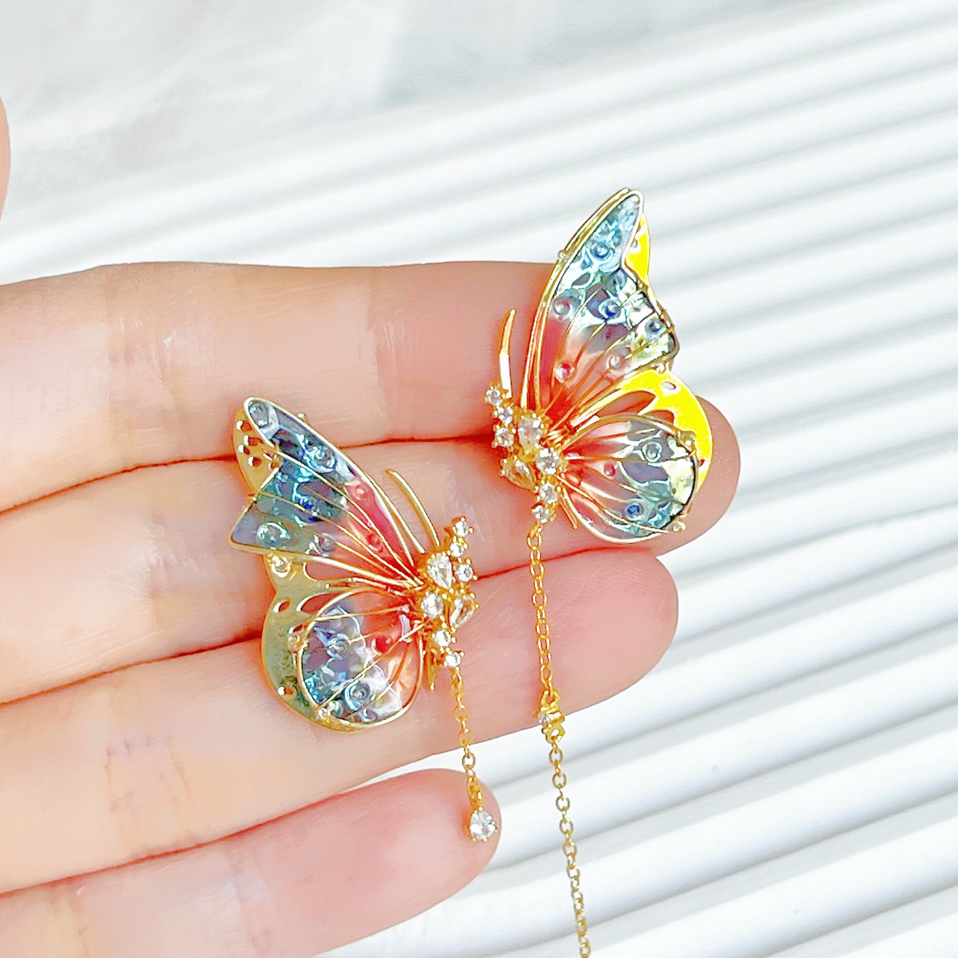 Handmade Pink Blue Butterflies with Drops Earrings-Ninaouity