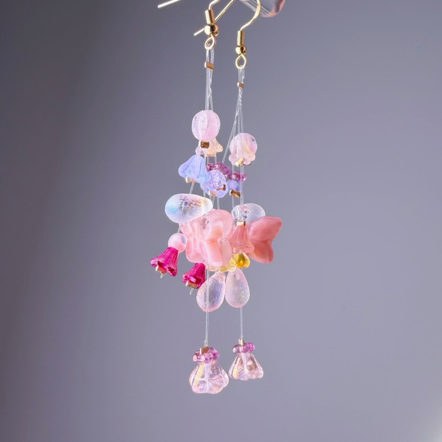 Handmade Pink Butterfly Floating Flowers Glass Beaded Earrings