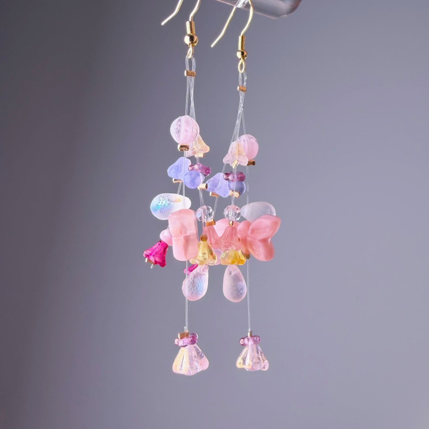 Handmade Pink Butterfly Floating Flowers Glass Beaded Earrings