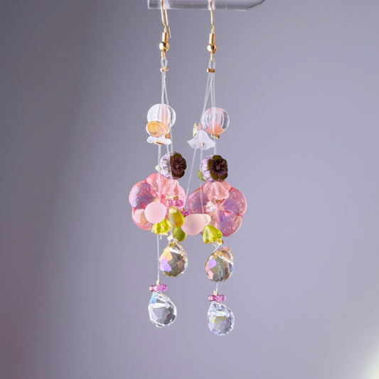 Handmade Pink Delphinium Floating Flowers Glass Beaded Earrings