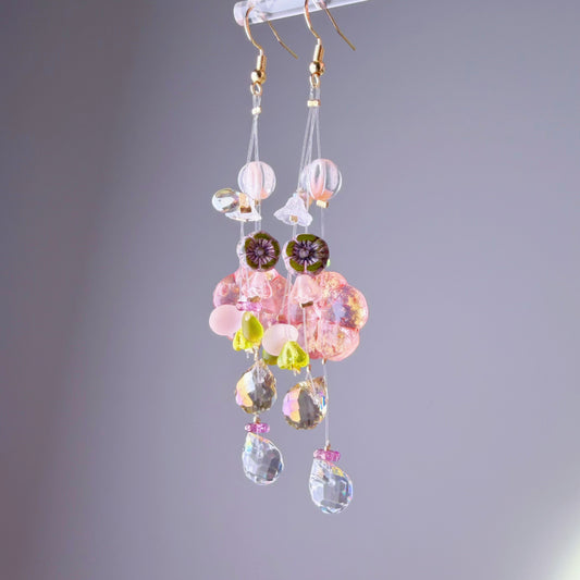Handmade Pink Delphinium Floating Flowers Glass Beaded Earrings