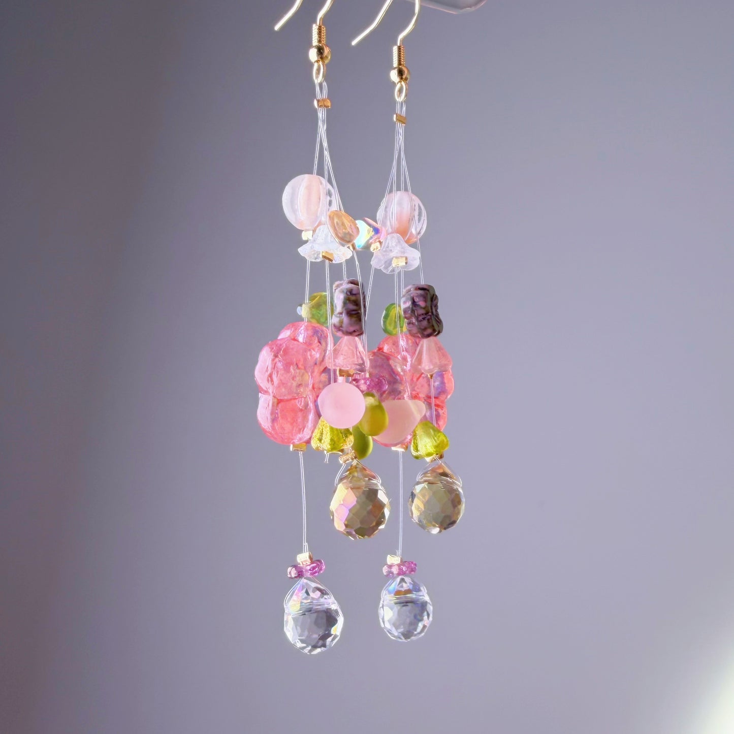 Handmade Pink Delphinium Floating Flowers Glass Beaded Earrings
