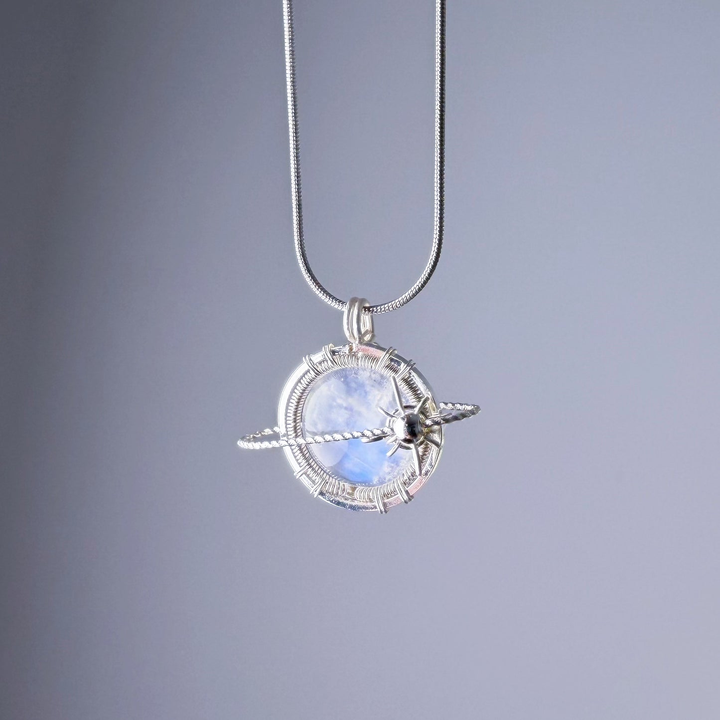 Quartzberry - Natural Blue Moonstone Silver Planet Wire Wrapped Necklace