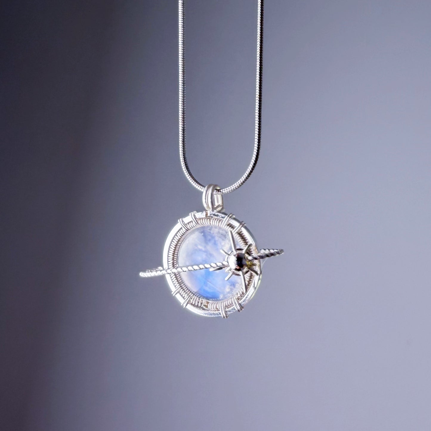 Quartzberry - Natural Blue Moonstone Silver Planet Wire Wrapped Necklace