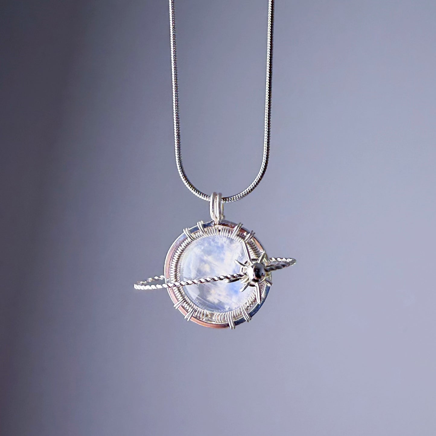Quartzberry - Natural Blue Moonstone Silver Planet Wire Wrapped Necklace