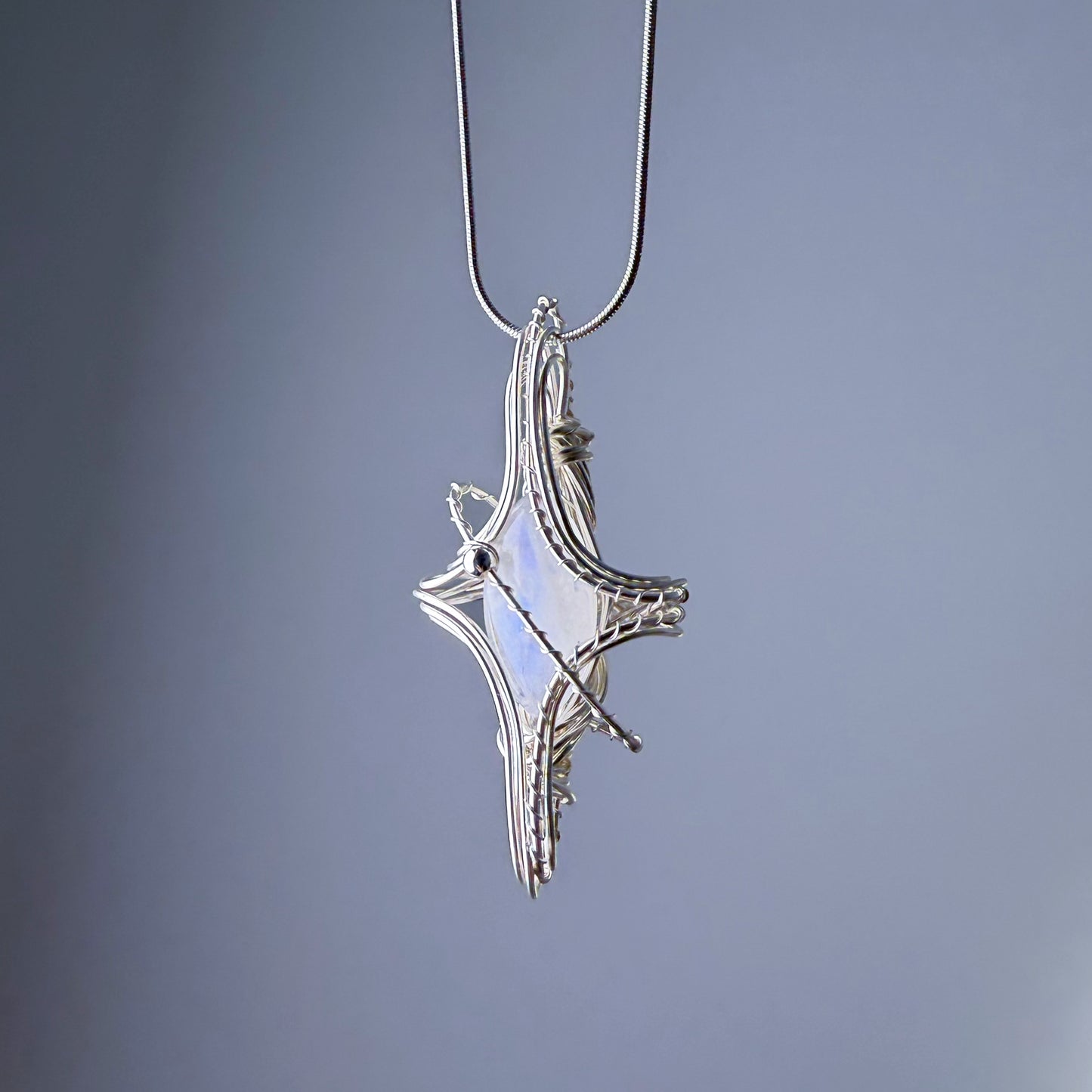 Quartzberry - Silver Blue Moonstone Polaris Wire Wrap Necklace - one of a kind