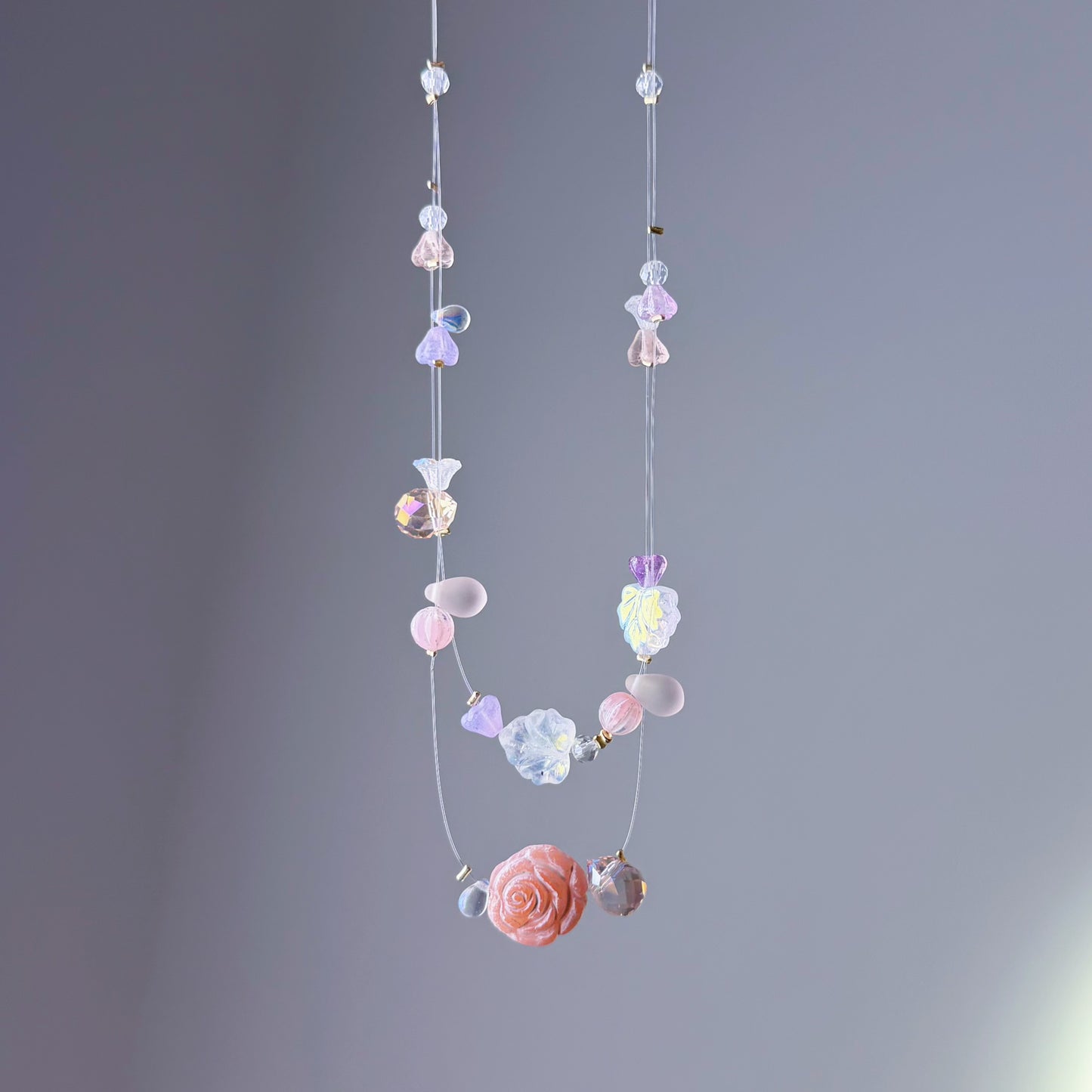 Handmade Pink Rose Floating Flowers Glass Beaded Necklace