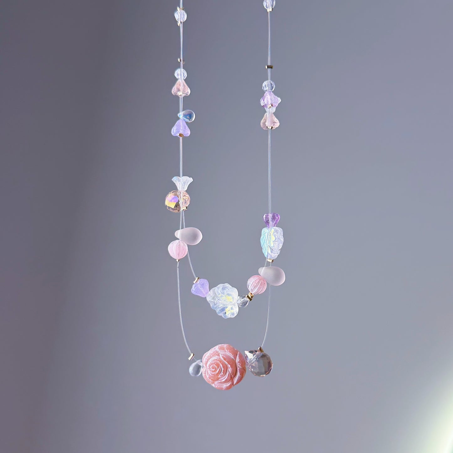 Handmade Pink Rose Floating Flowers Glass Beaded Necklace