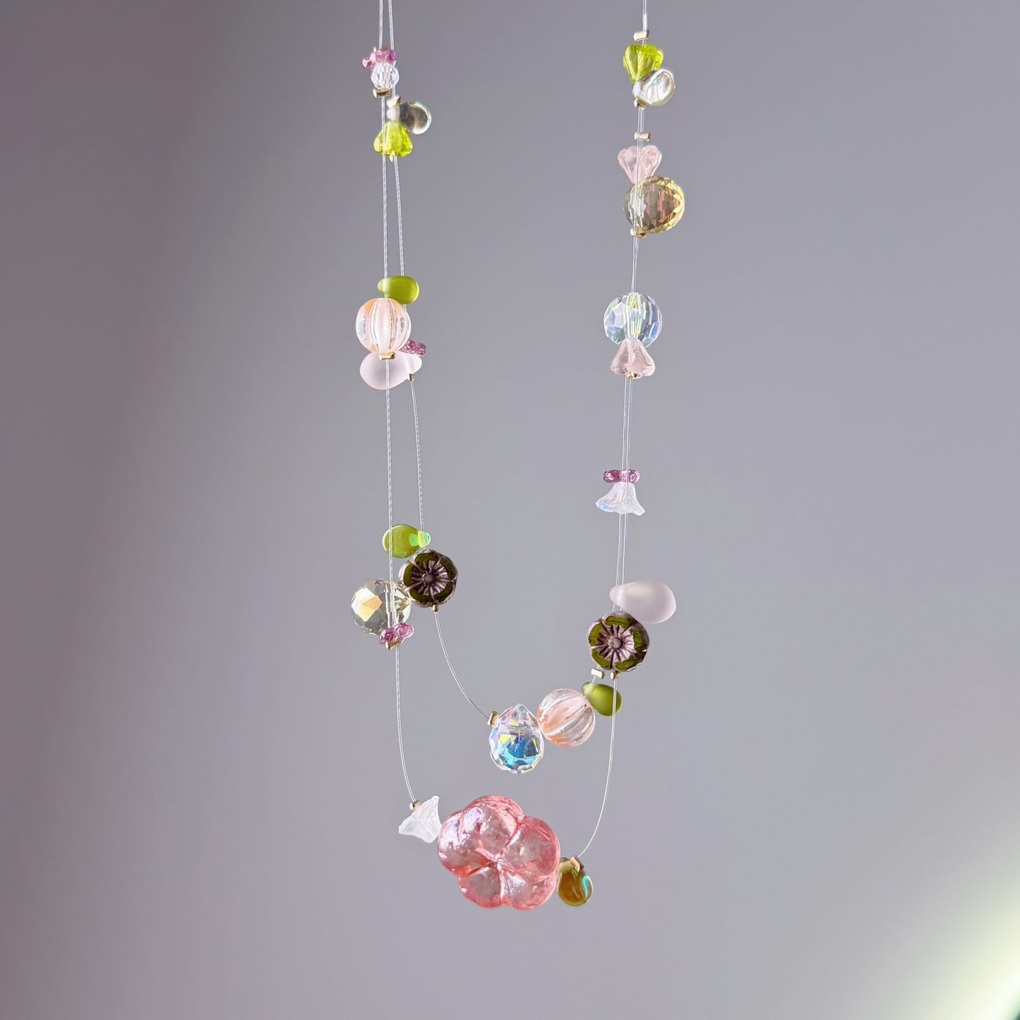 Handmade Pink Sakura Cherry Blossom Floating Flowers Glass Beaded Necklace