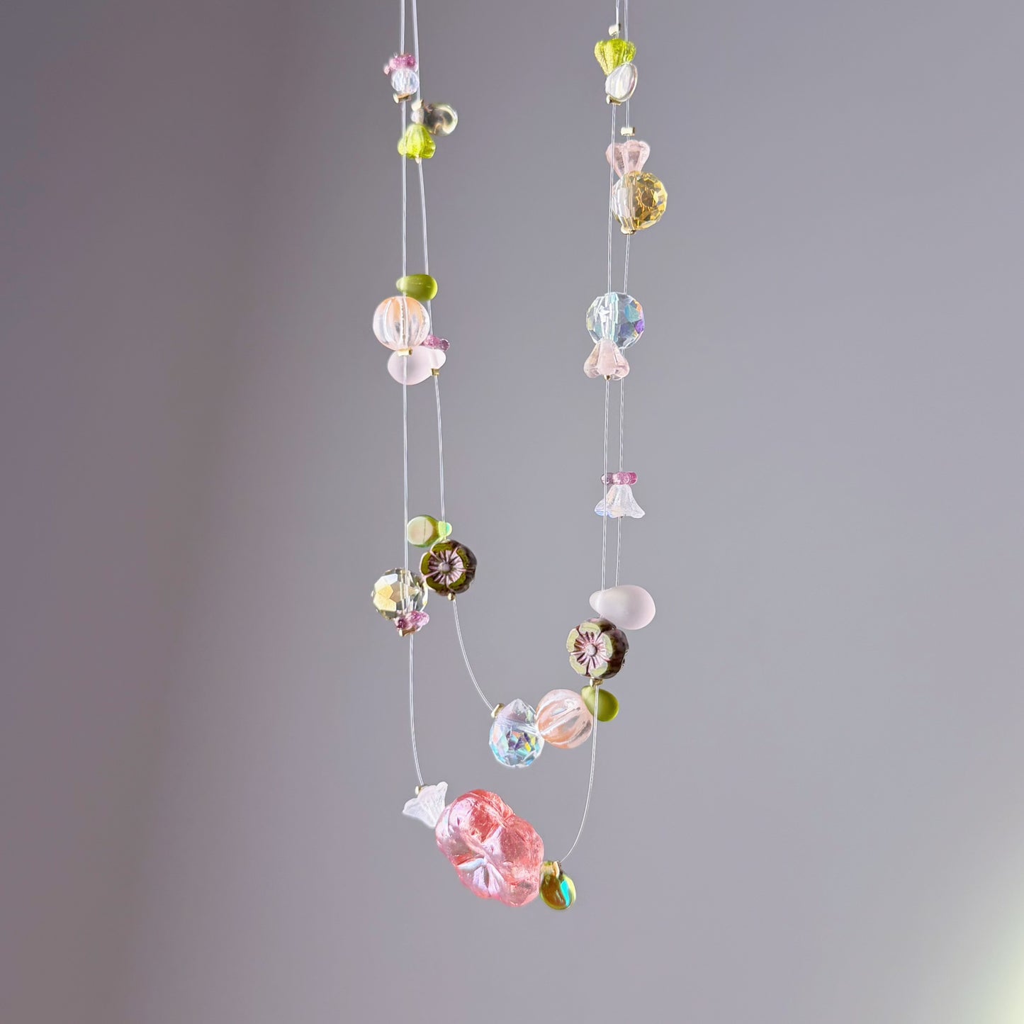 Handmade Pink Sakura Cherry Blossom Floating Flowers Glass Beaded Necklace