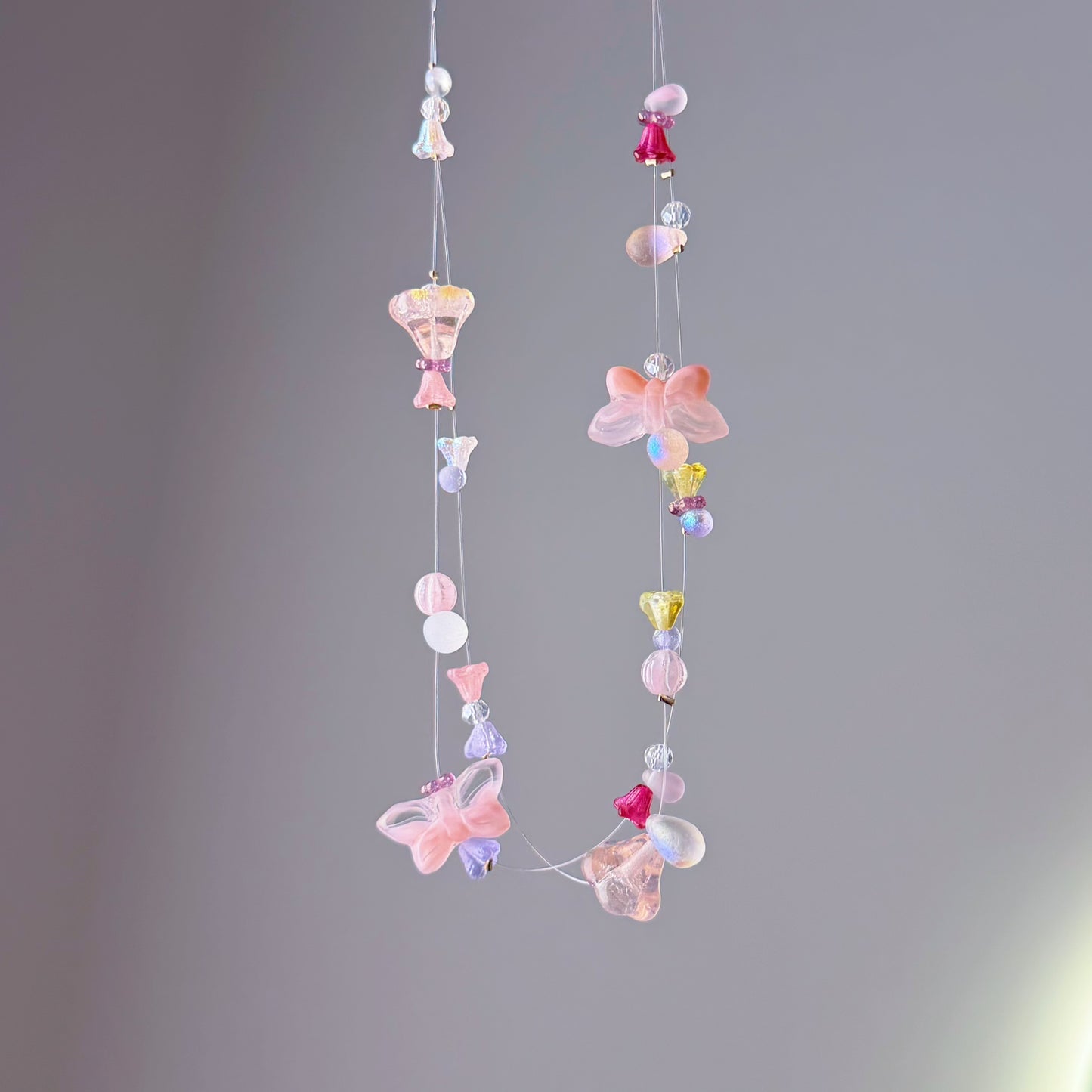 Handmade Pink Butterflies Floating Flowers Glass Beaded Necklace