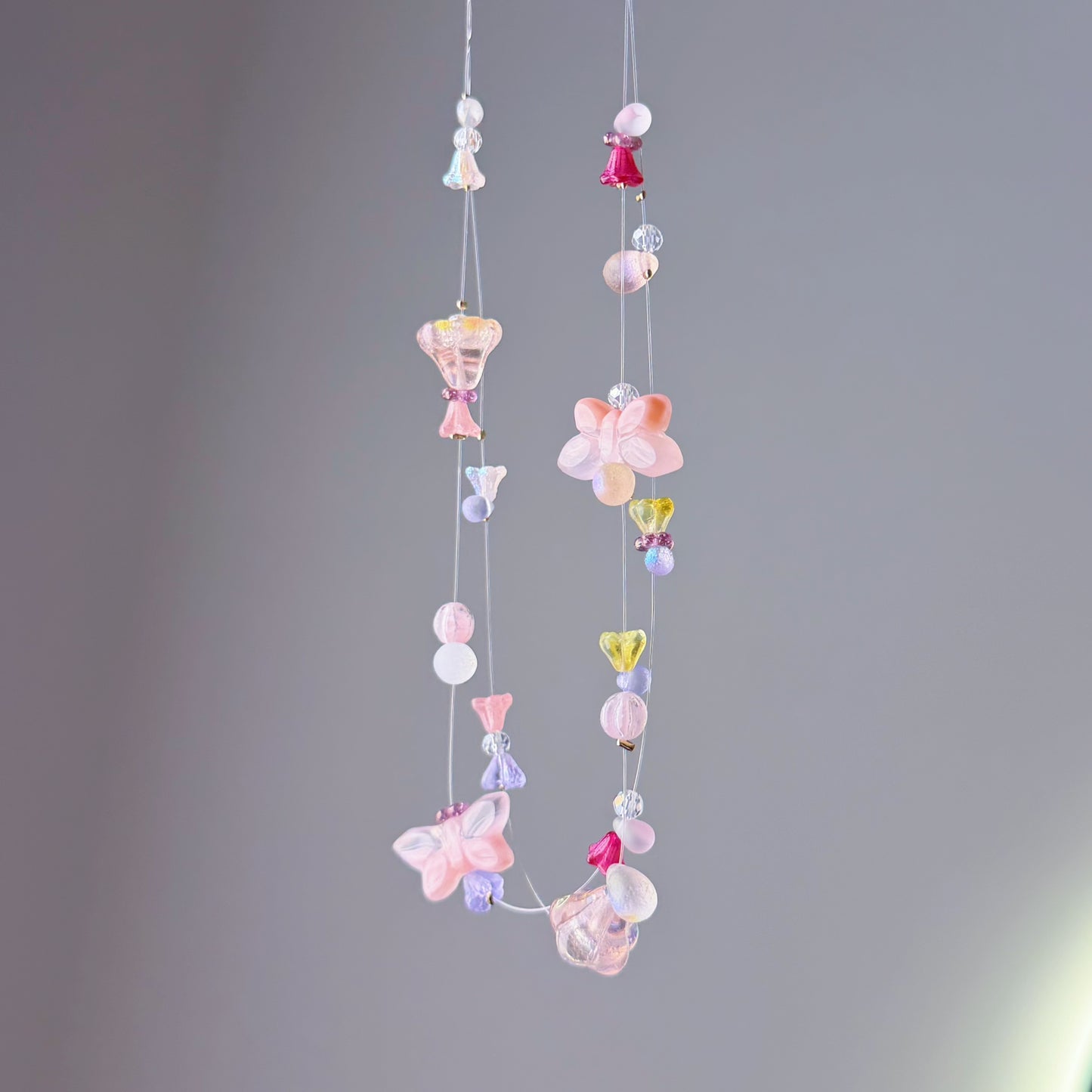 Handmade Pink Butterflies Floating Flowers Glass Beaded Necklace