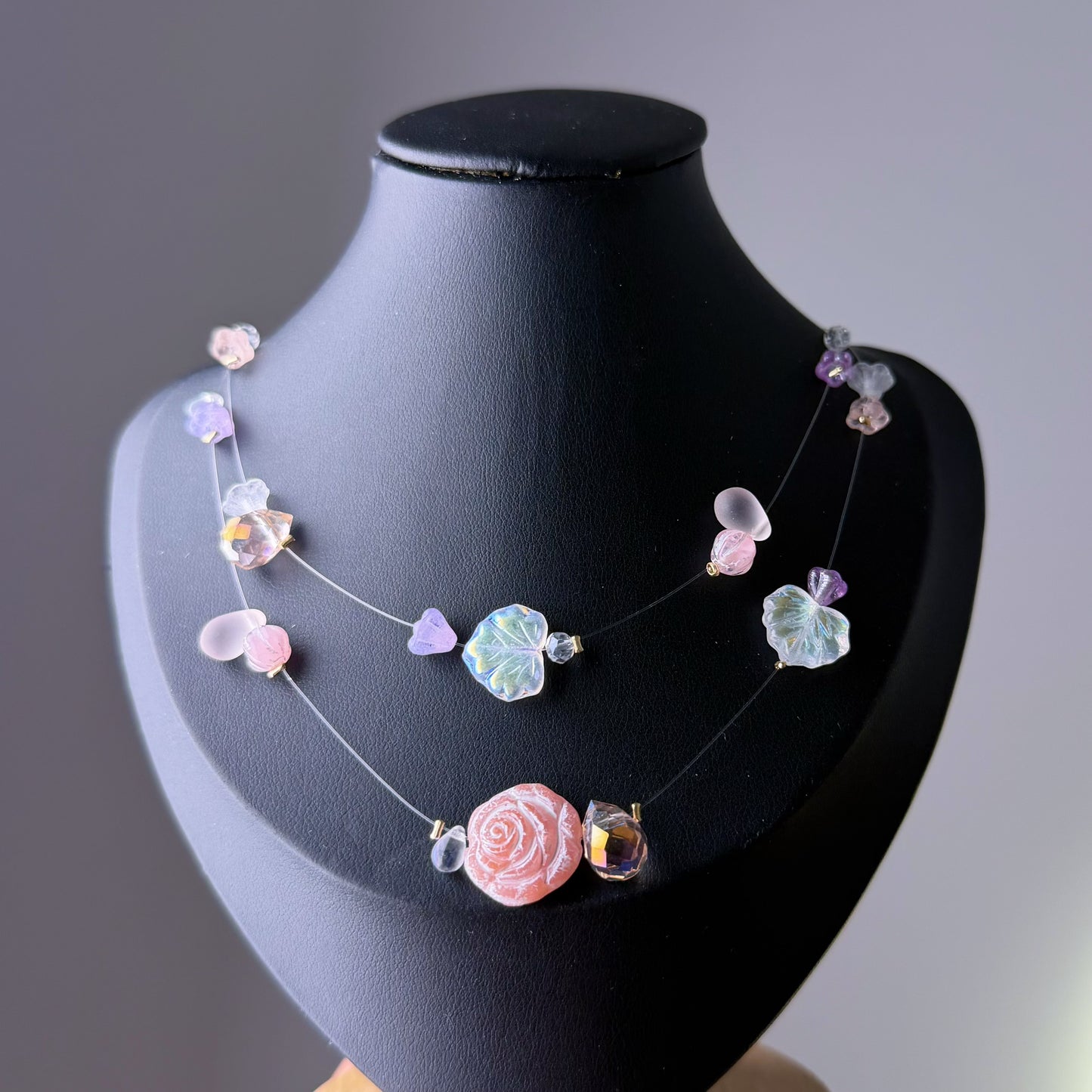 Handmade Pink Rose Floating Flowers Glass Beaded Necklace