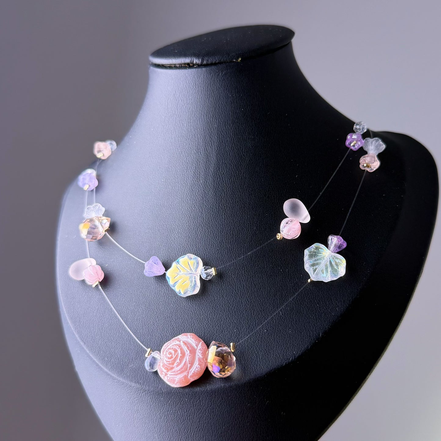 Handmade Pink Rose Floating Flowers Glass Beaded Necklace