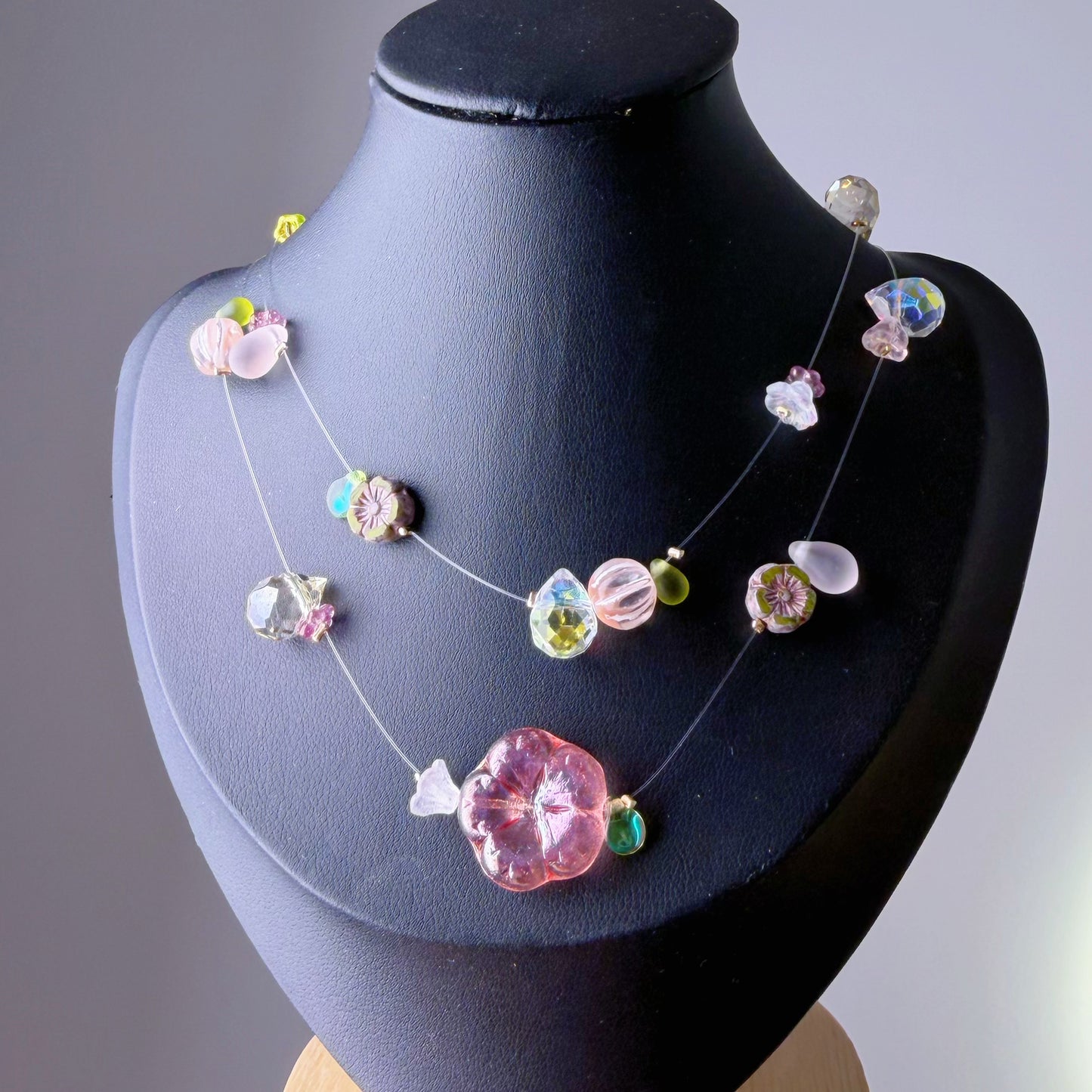 Handmade Pink Sakura Cherry Blossom Floating Flowers Glass Beaded Necklace