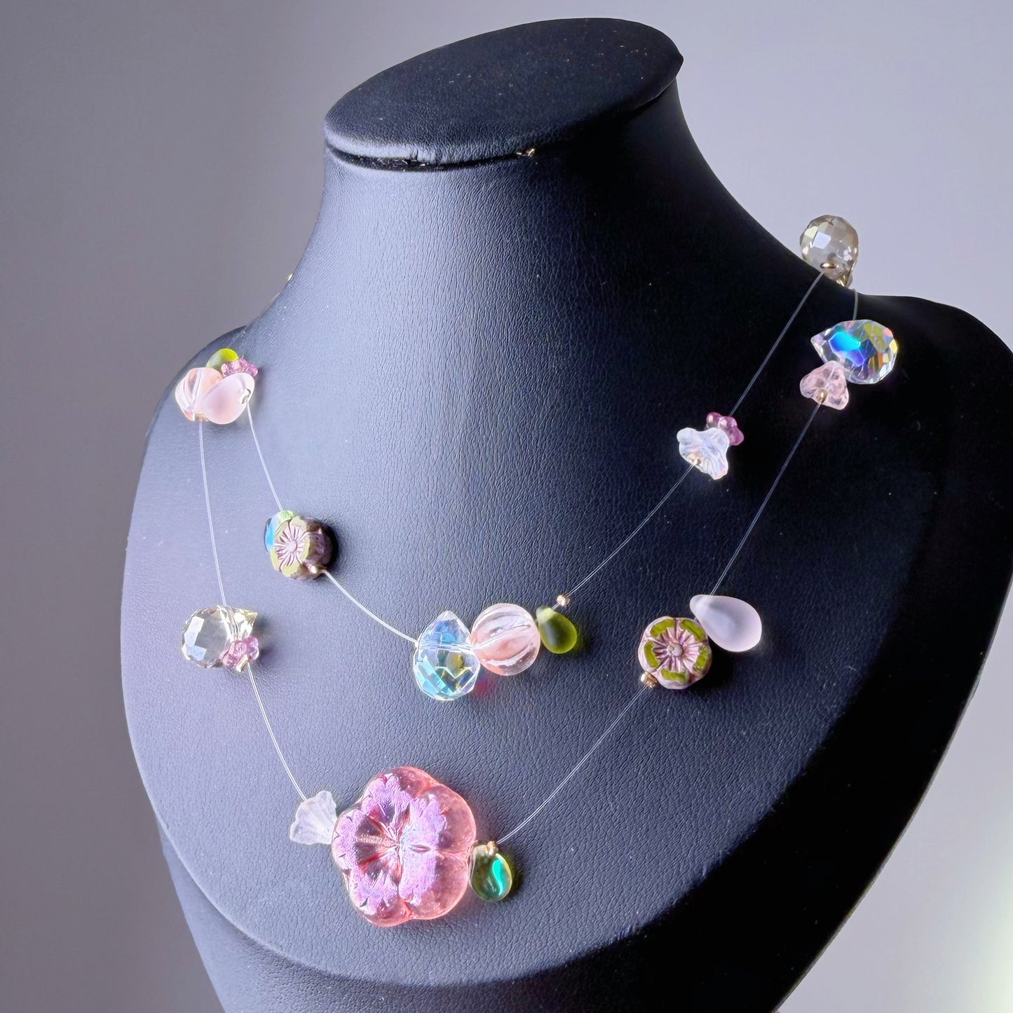 Handmade Pink Sakura Cherry Blossom Floating Flowers Glass Beaded Necklace