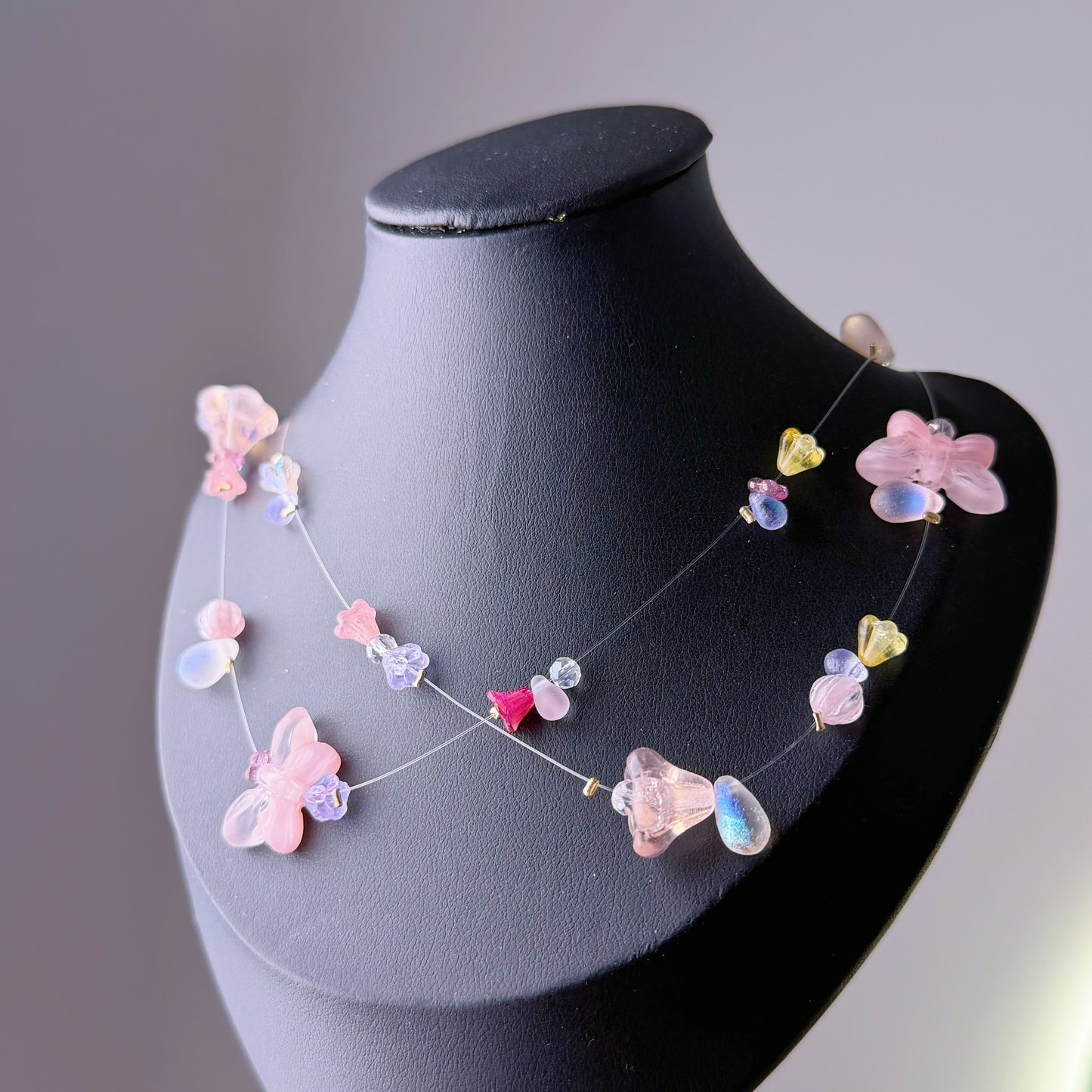 Handmade Pink Butterflies Floating Flowers Glass Beaded Necklace