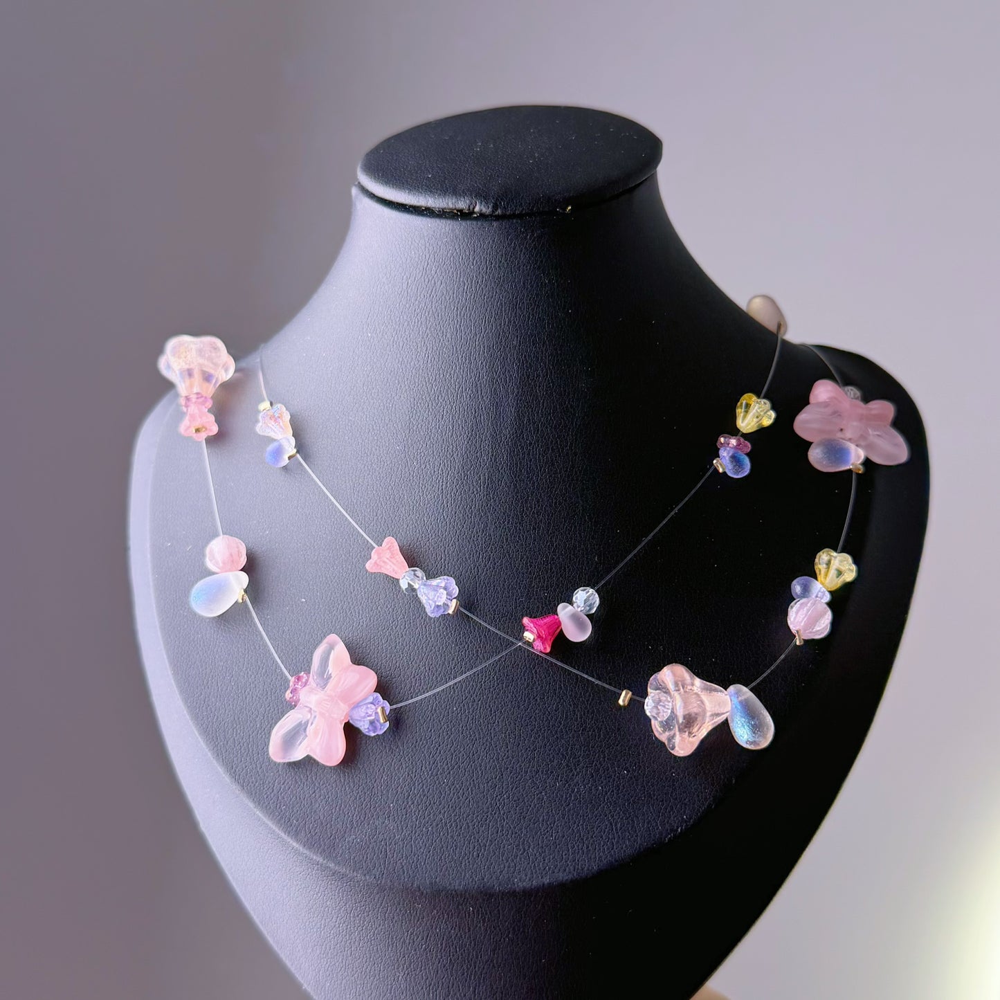 Handmade Pink Butterflies Floating Flowers Glass Beaded Necklace