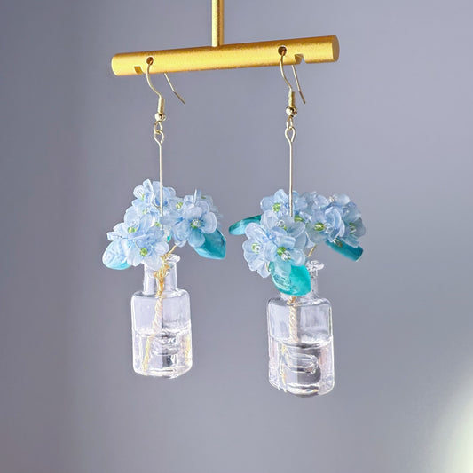 Handmade Blue Hydrangeas Flowers in Glass Vase Earrings