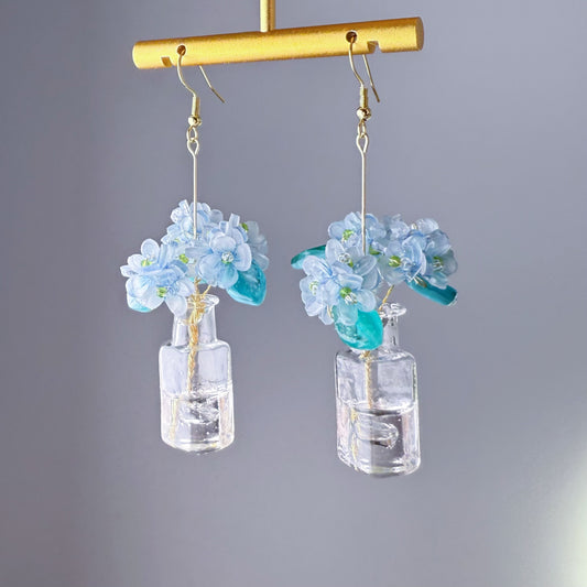 Handmade Blue Hydrangeas Flowers in Glass Vase Earrings