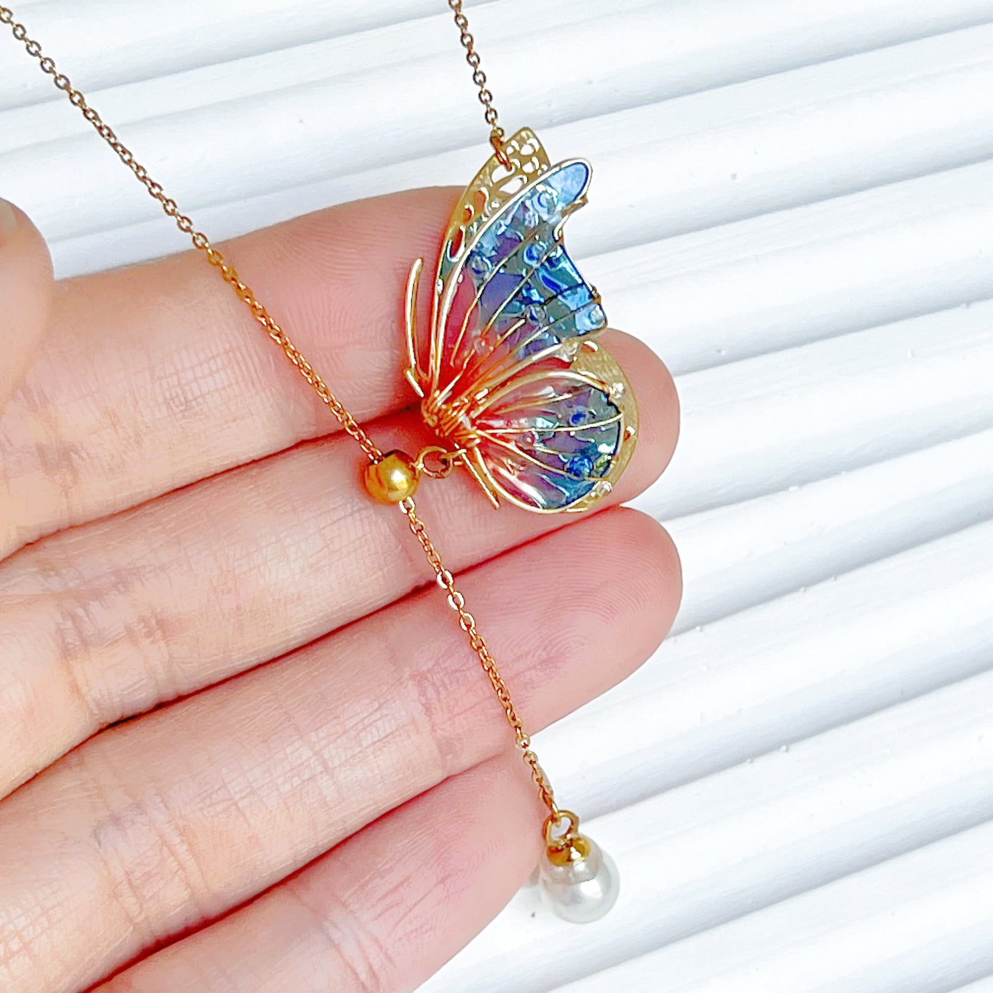 Handmade Pink Blue Butterflies with Pearl Necklace-Ninaouity