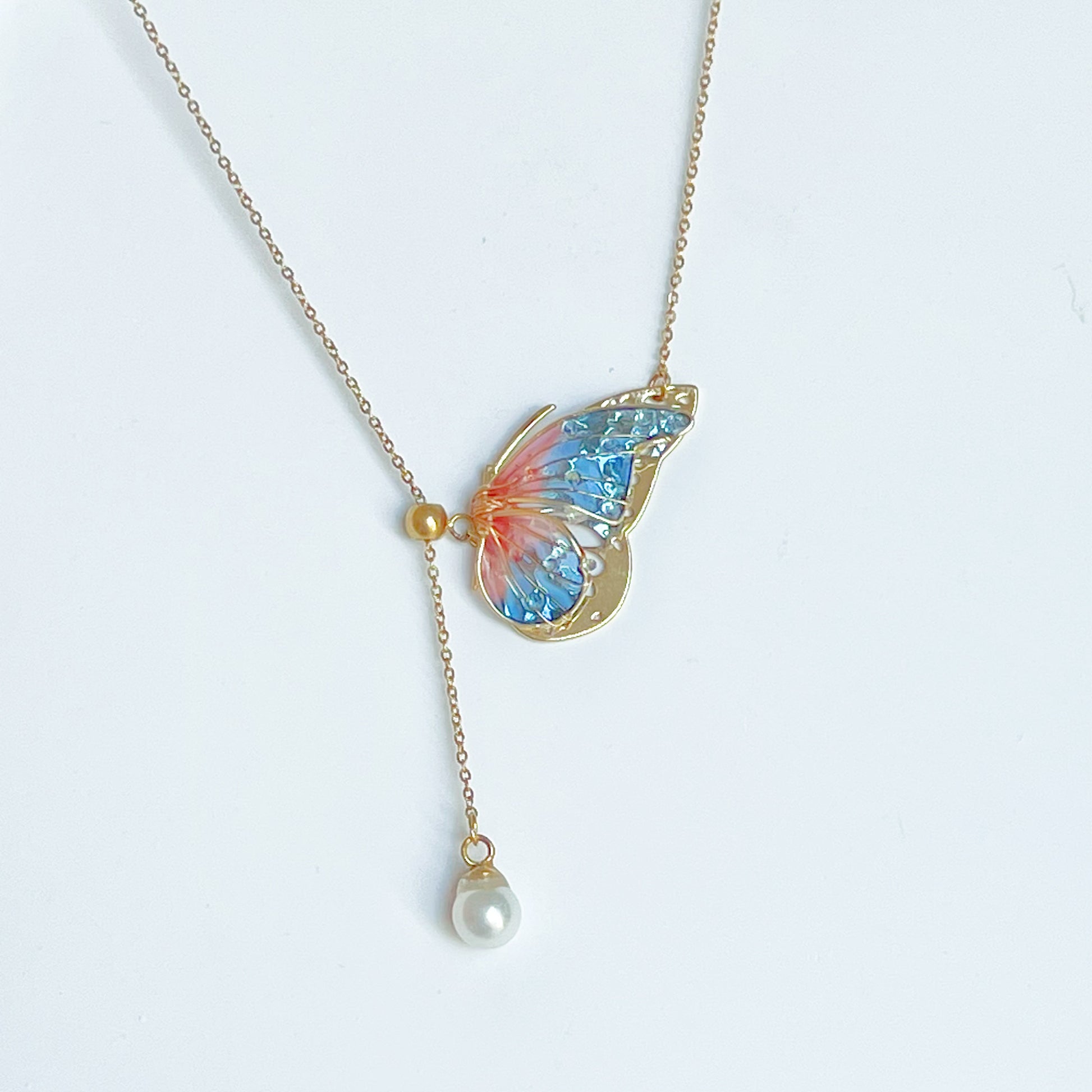 Handmade Pink Blue Butterflies with Pearl Necklace-Ninaouity