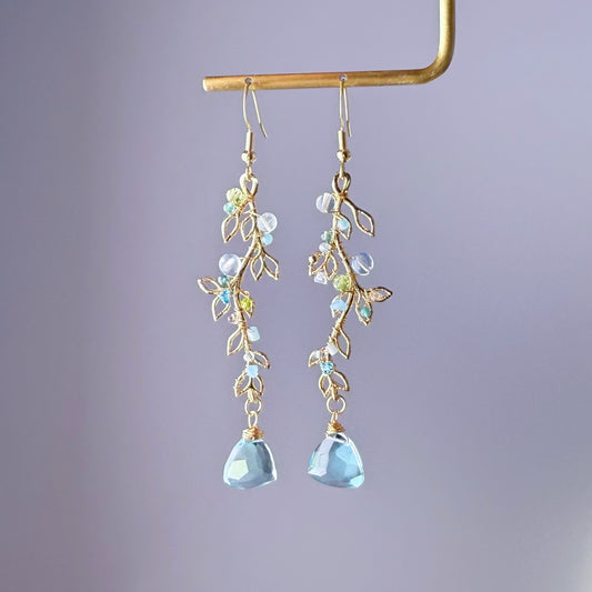 Handmade Golden Leaves with Mint Green Quartz and Mini Crystal Earrings