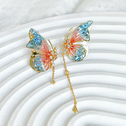 Handmade Pink Blue Butterflies with Drops Earrings-Ninaouity