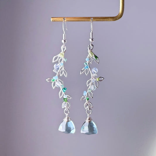 Handmade Silver Leaves with Mint Green Quartz and Mini Crystal Earrings
