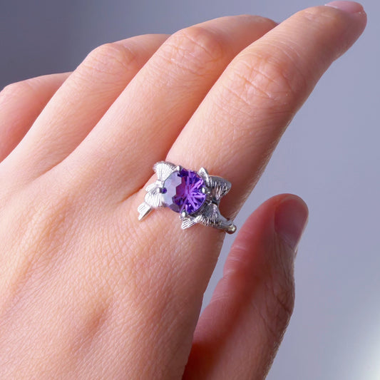Quartzberry - Natural Amethyst Round Cut Faceted Gemstone Crystal Silver Ring - One-of-a-kind