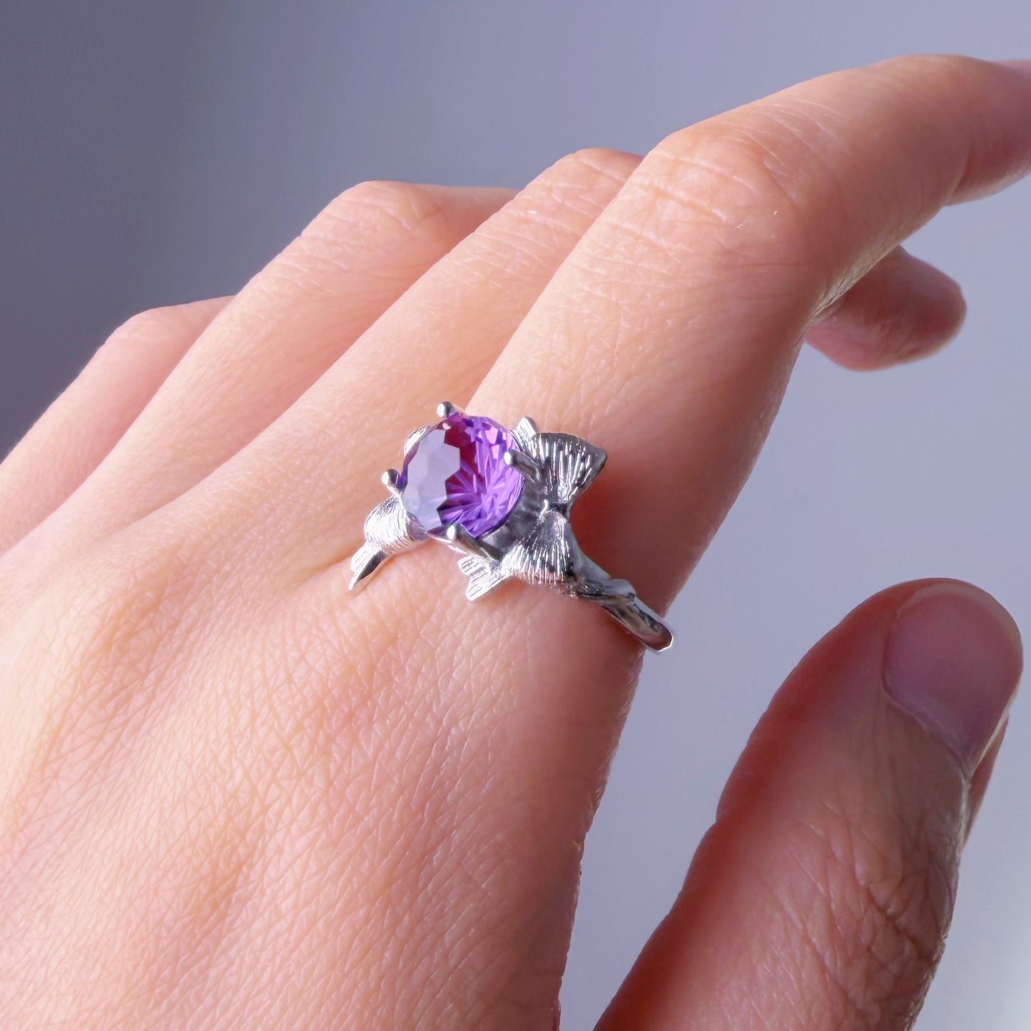 Quartzberry - Natural Amethyst Round Cut Faceted Gemstone Crystal Silver Ring - One-of-a-kind