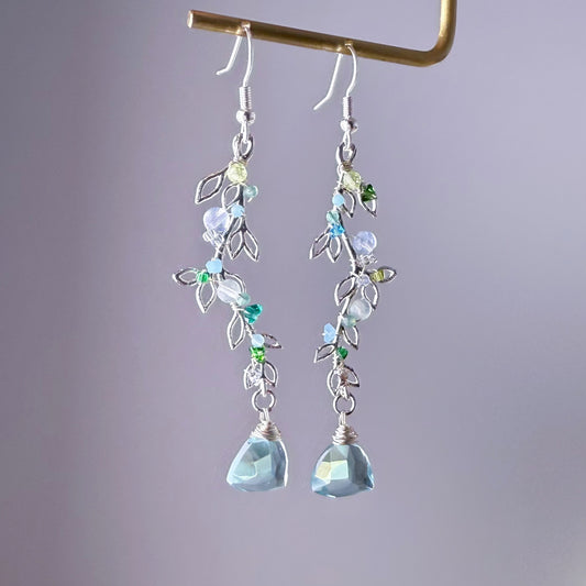 Handmade Silver Leaves with Mint Green Quartz and Mini Crystal Earrings