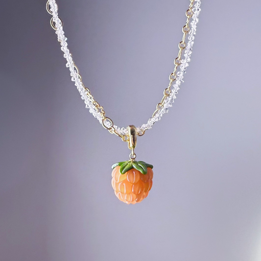 Handmade Herkimer Diamond Crystal Double Chain with Pink Raspberry Pendant Necklace
