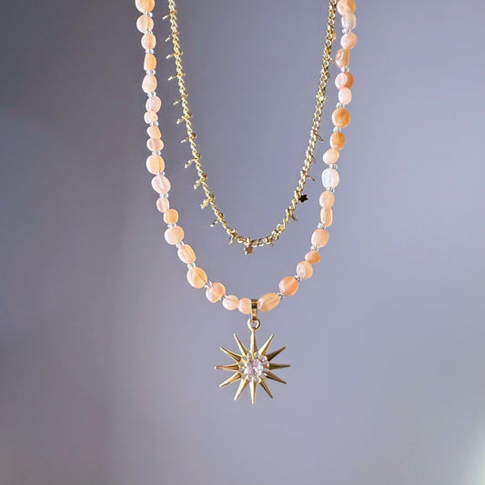 Handmade Orange Moonstone Crystal Double Chain with Sunshine Pendant Necklace
