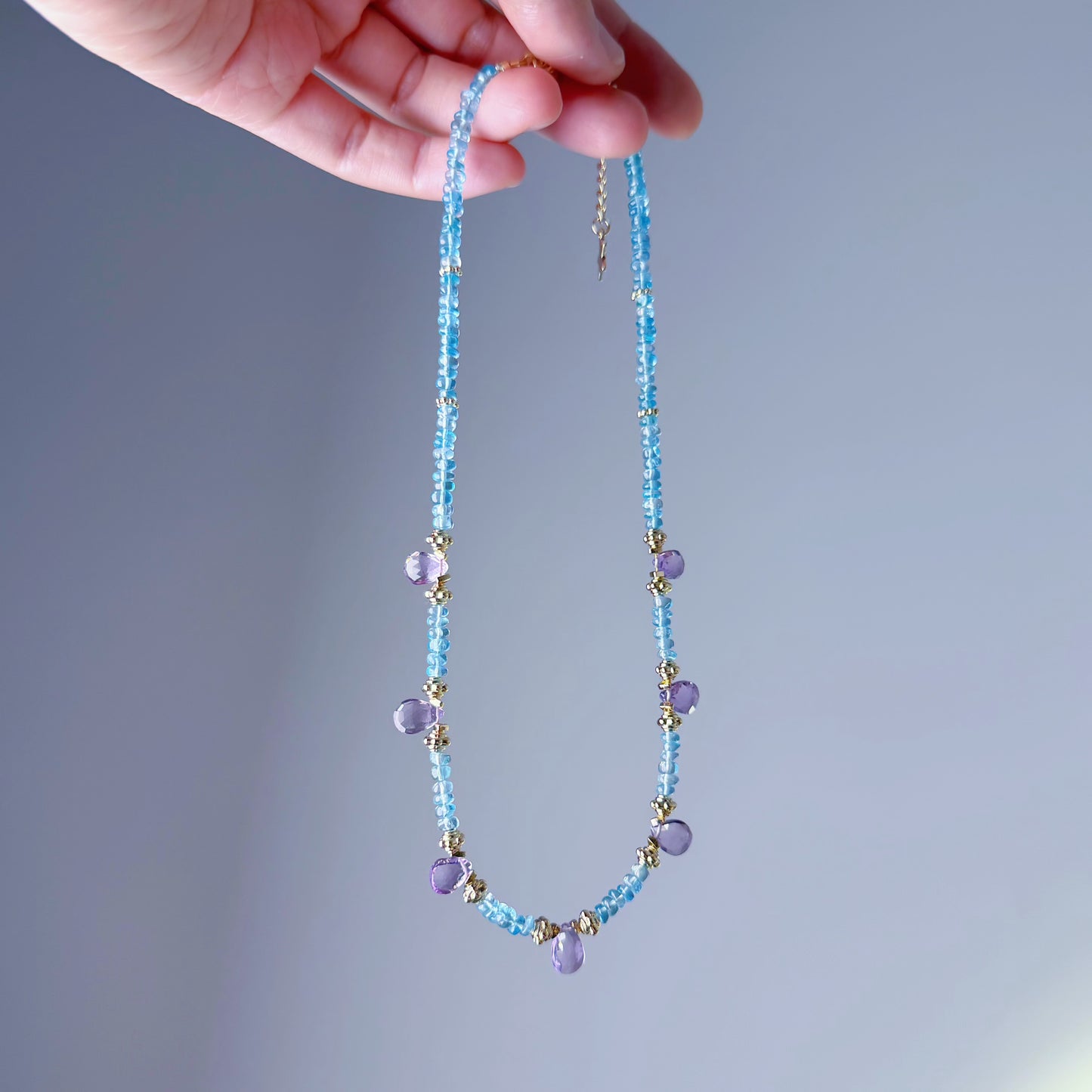 Handmade Natural Amethyst and Blue Paraiba Apatite Faceted Gemstone Beads Necklace