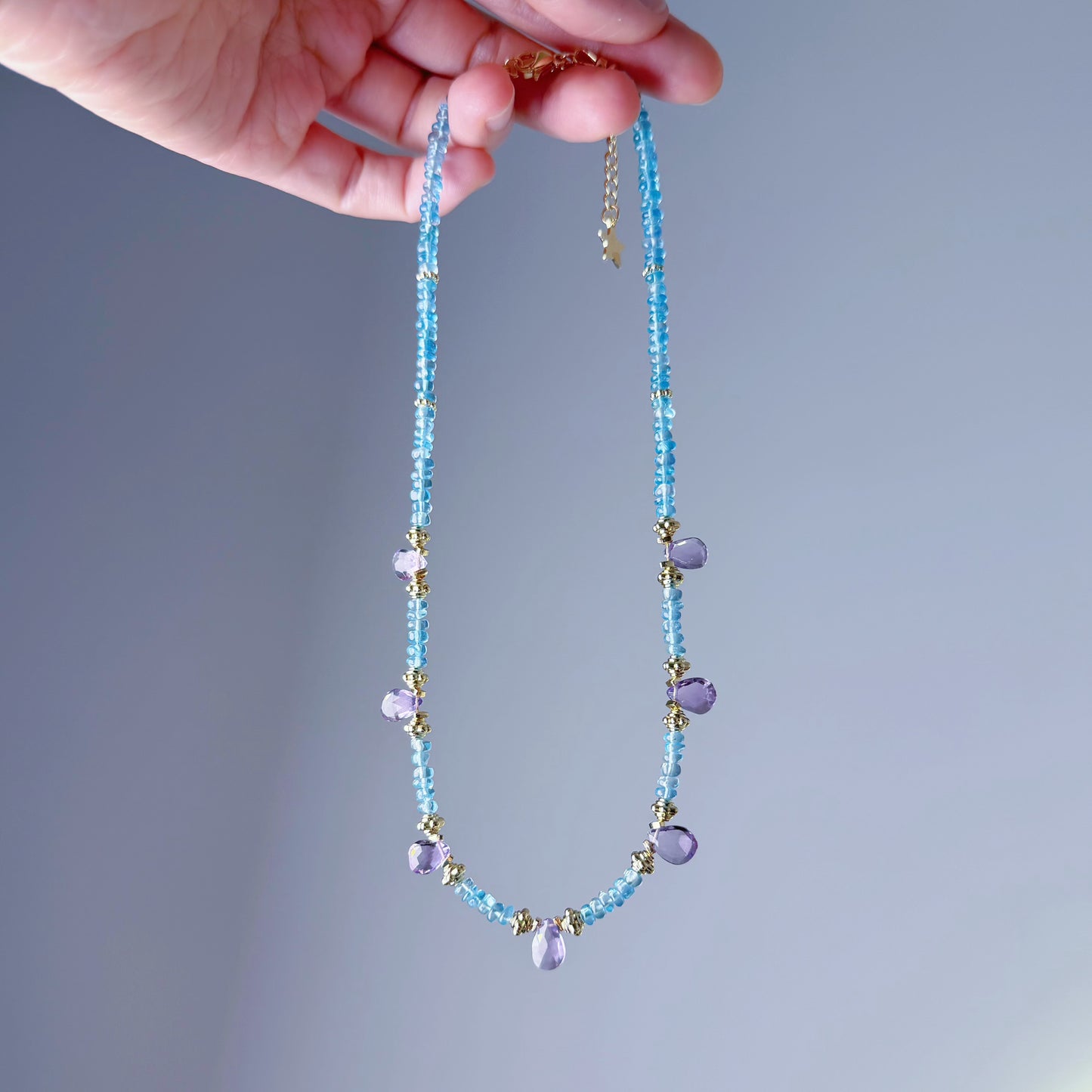 Handmade Natural Amethyst and Blue Paraiba Apatite Faceted Gemstone Beads Necklace