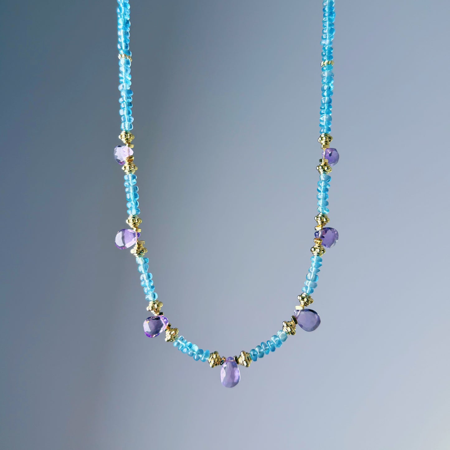 Handmade Natural Amethyst and Blue Paraiba Apatite Faceted Gemstone Beads Necklace