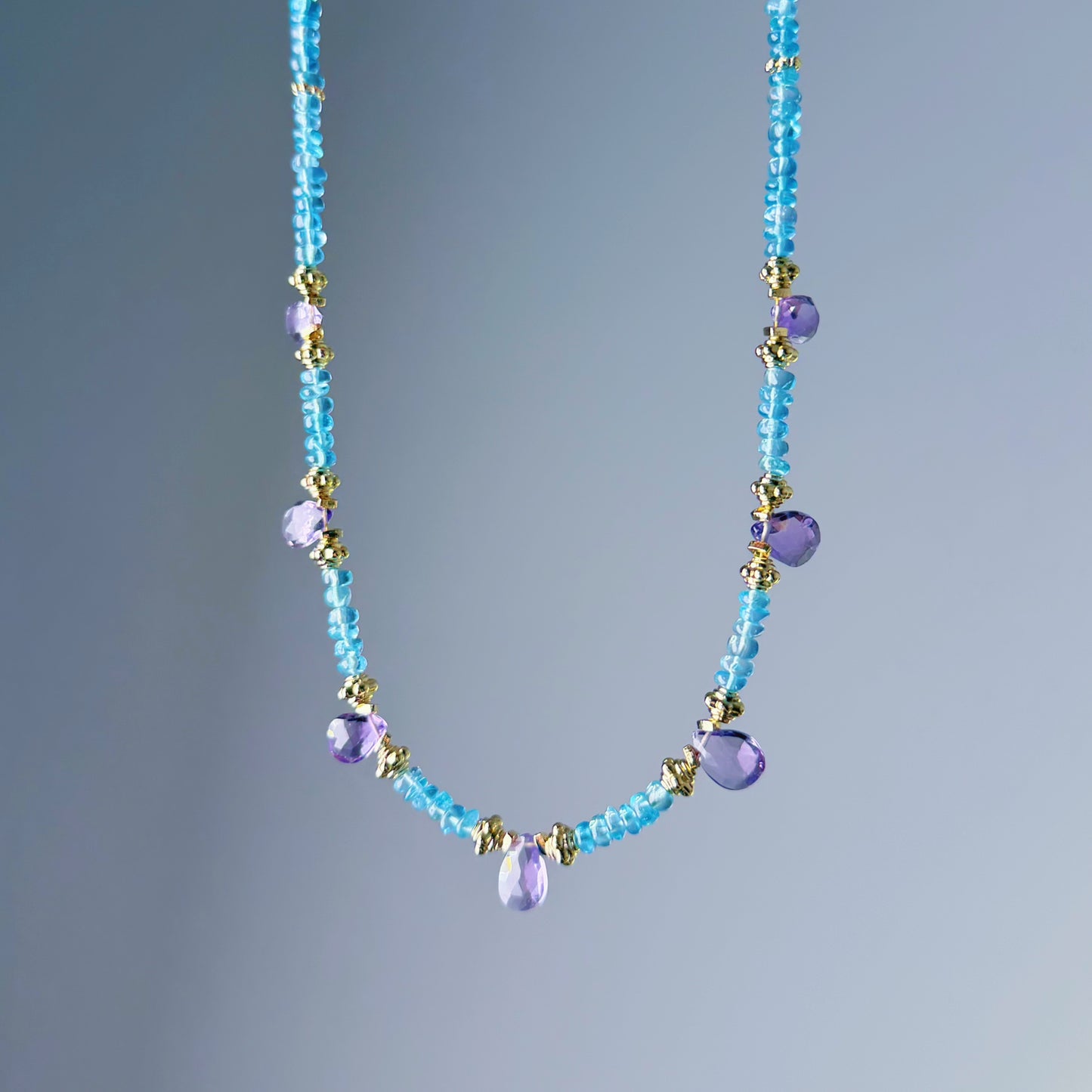 Handmade Natural Amethyst and Blue Paraiba Apatite Faceted Gemstone Beads Necklace