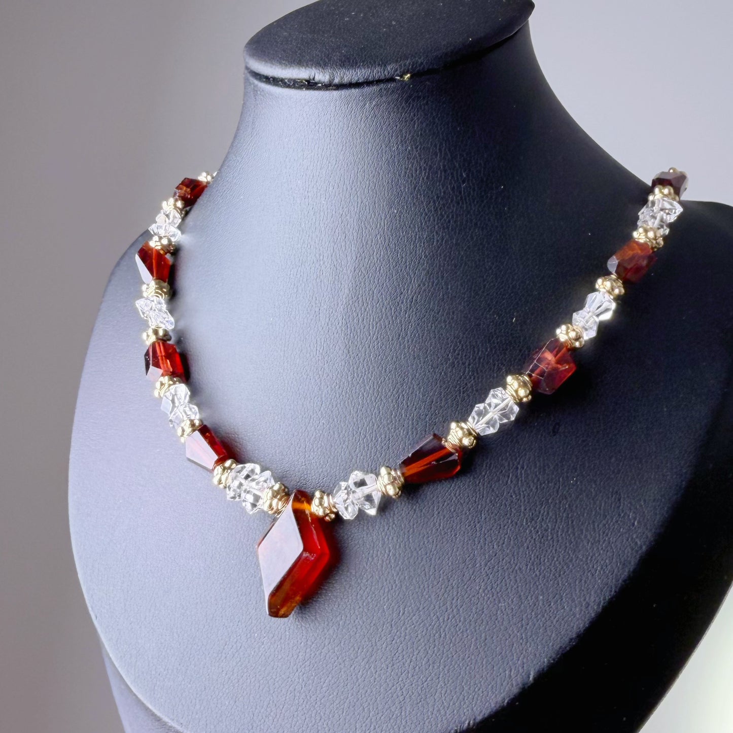 Handmade Garnet Faceted Gemstone and Herkimer Diamond Beads Necklace