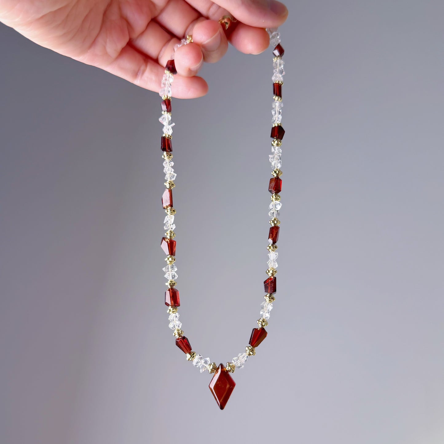 Handmade Garnet Faceted Gemstone and Herkimer Diamond Beads Necklace