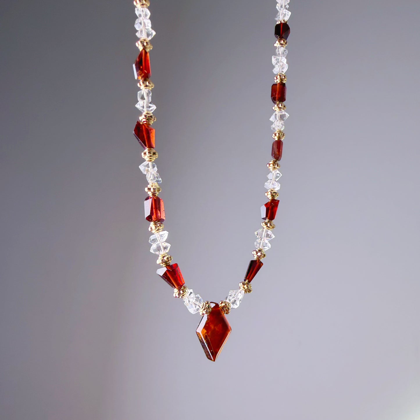 Handmade Garnet Faceted Gemstone and Herkimer Diamond Beads Necklace